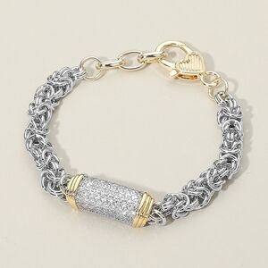 Two Tone 14K Gold CZ Crystal Bar Centerpiece Link Chain Bracelet Casual Silver